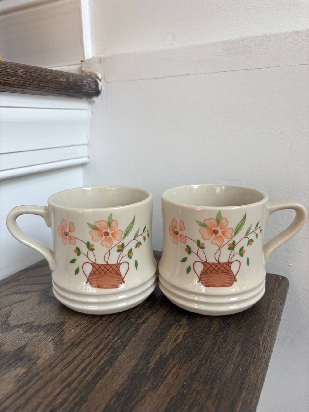 Vintage Countryside Collection stoneware mugs, set of 2, cream w/ orange flowers
